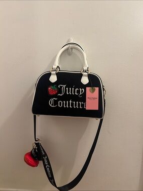 Juicy Couture Black and White Dome Satchel with Strawberry Patch